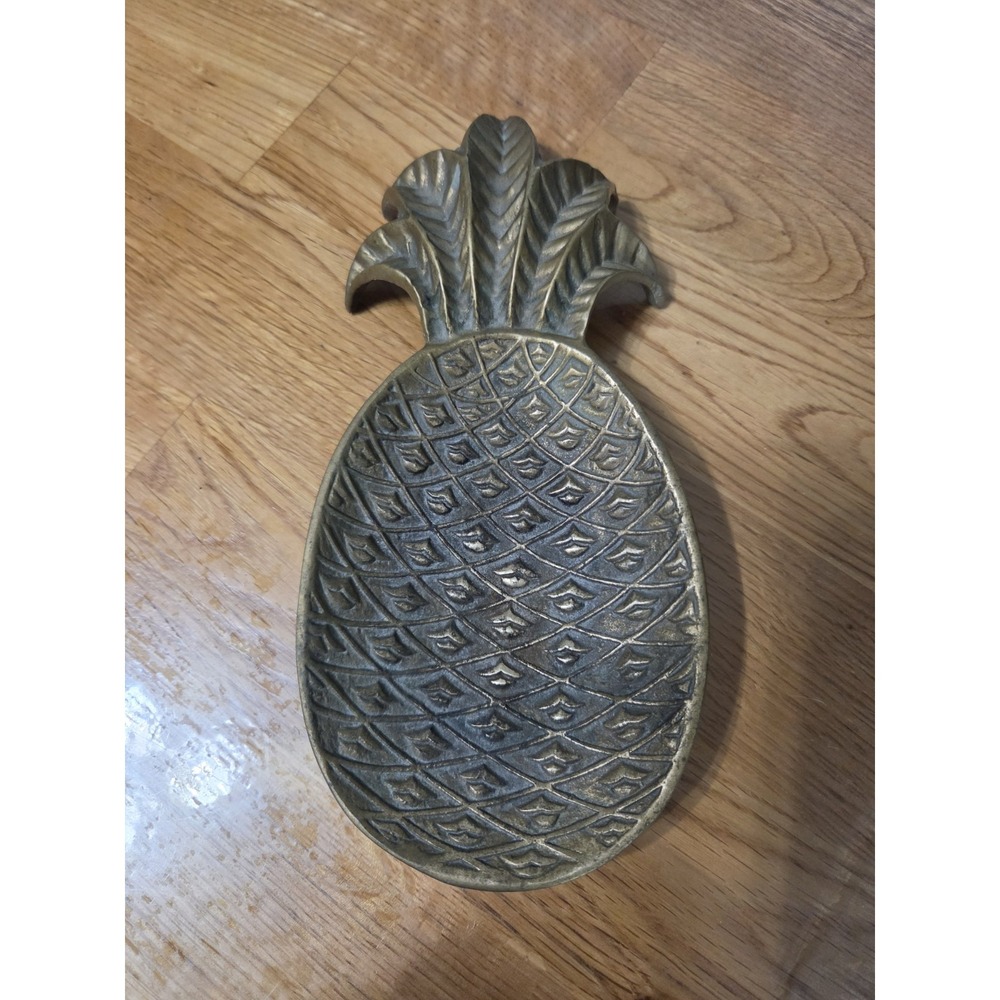 Vtg Brass Pineapple Trinket Dish Jewelry Tray Approx 8" x 3.75" MCM Hollywood